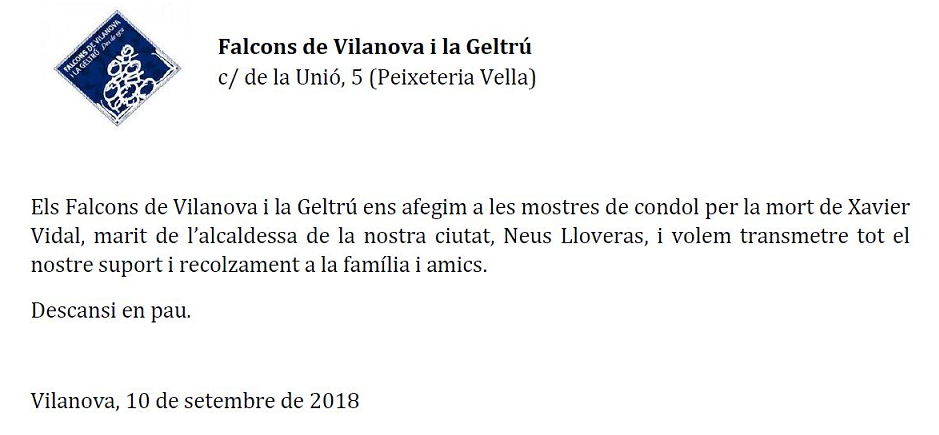 Condolències per la mort de Xavier Vidal